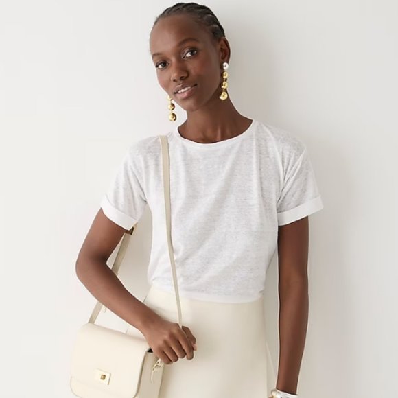 J. Crew Linen Roll-cuff Crewneck T-shirt in White - Picture 1 of 6